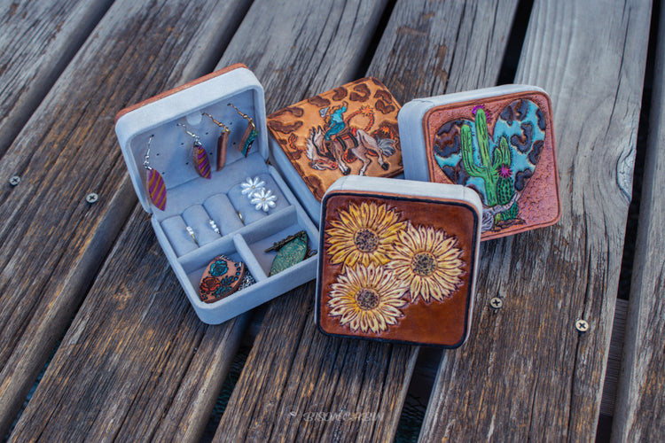 Handcrafted Bison Cabin Tooled Leather Jewelry Travel Box with intricate tooling, inspired by the Wild West, nature, and whimsical charm, perfect for stylish and secure storage.