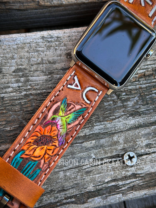 Handcrafted tooled leather Apple Watch band with intricate detailing, custom-made for a stylish and durable upgrade. Perfect for Apple Watch users seeking a unique, artisan leather strap , western tooled apple  watch bands, handmade leather straps, handcrafted leather tooled apple watch bands, tooled leather watch bands , handmade leather apple watch bands, hand tooled watch strap