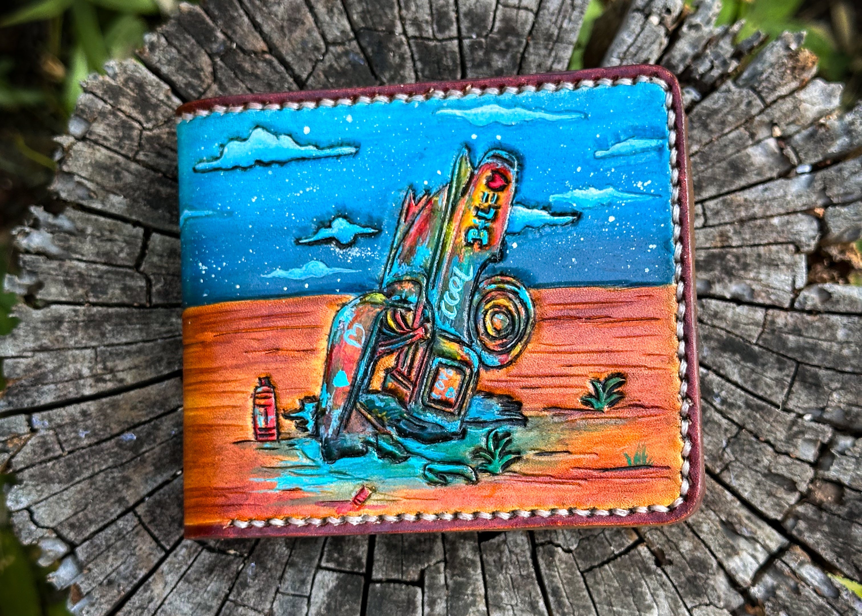 Hand-painted leather wallet with a scenic design. Handtooled Leather crafted Cadillac ranch wallet, leather carved wallet, men's wallet, biker wallet, short wallet leather, genuine leather wallet