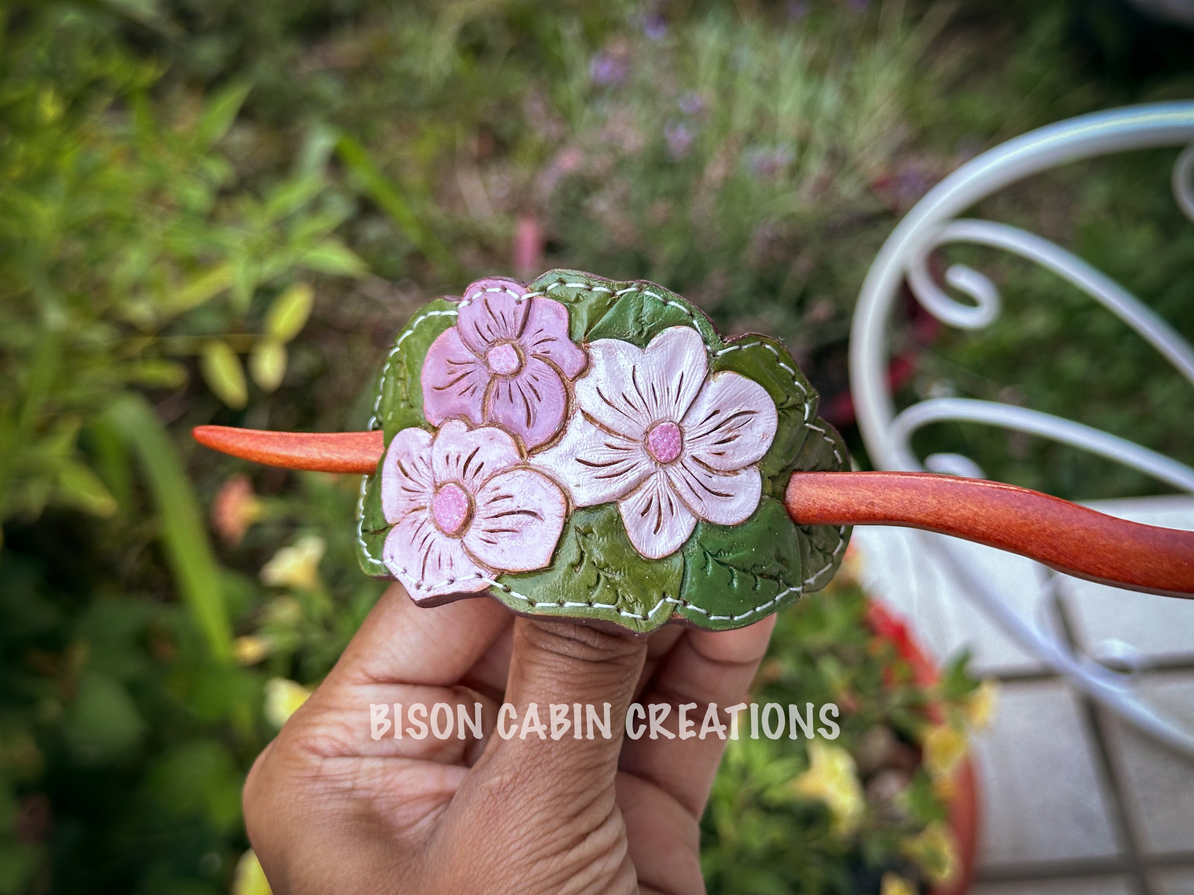 Tooled Leather Floral hair barrette, Leather crafted handmade hair clip