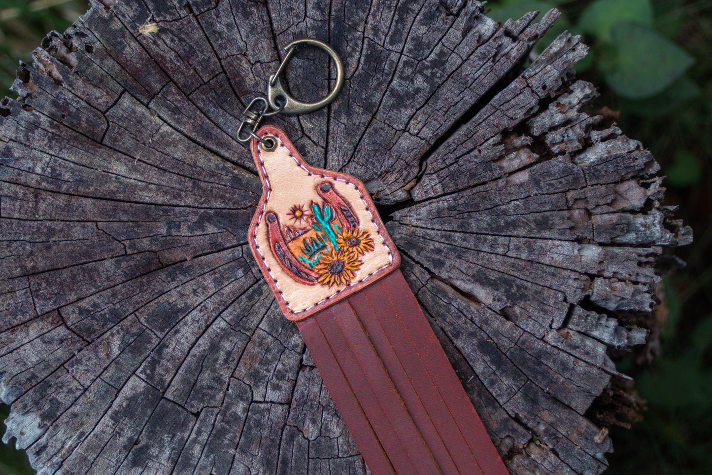 tooled Leather cow tag key chain , leather carved key chain, cow tag key chain, horse tooled , leather tooled key chain , wld west, cactus, sunflower tooled