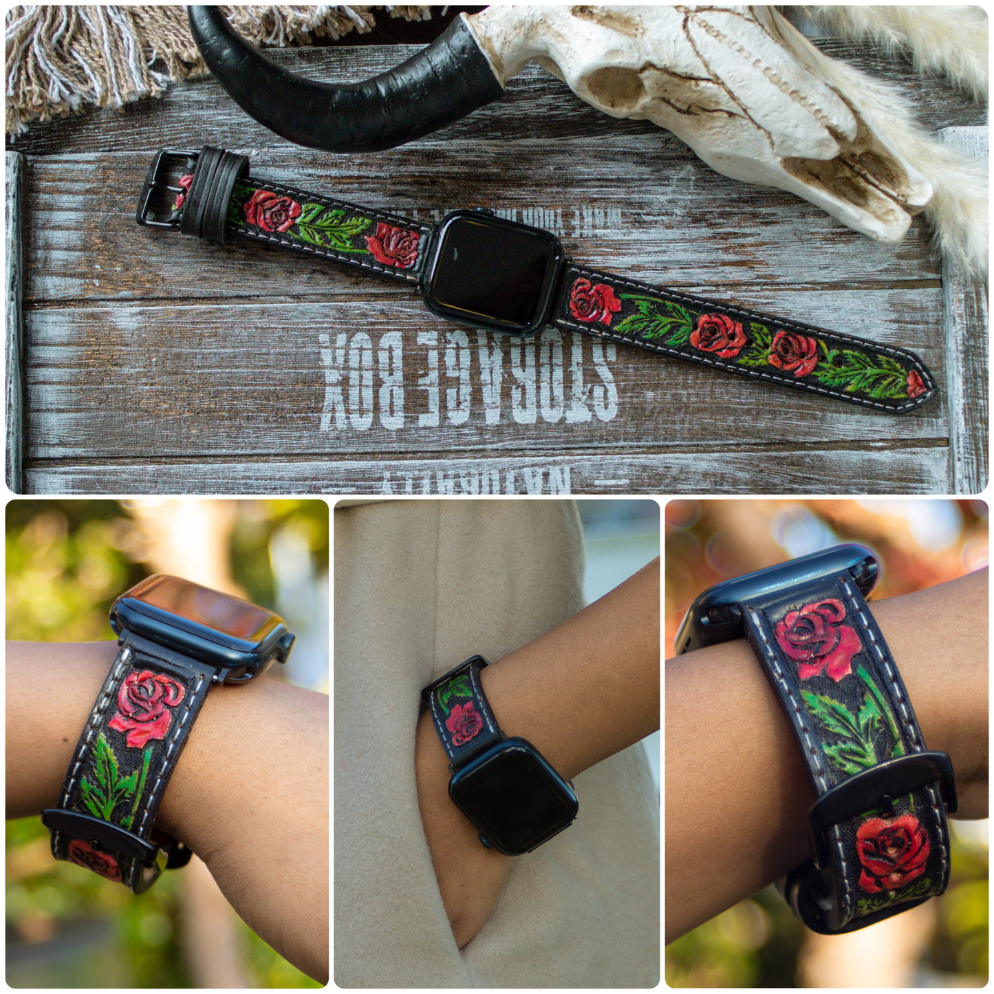 Black tooled leather Apple Watch band with red rose floral design, elegant handmade strap, worn on the wrist.