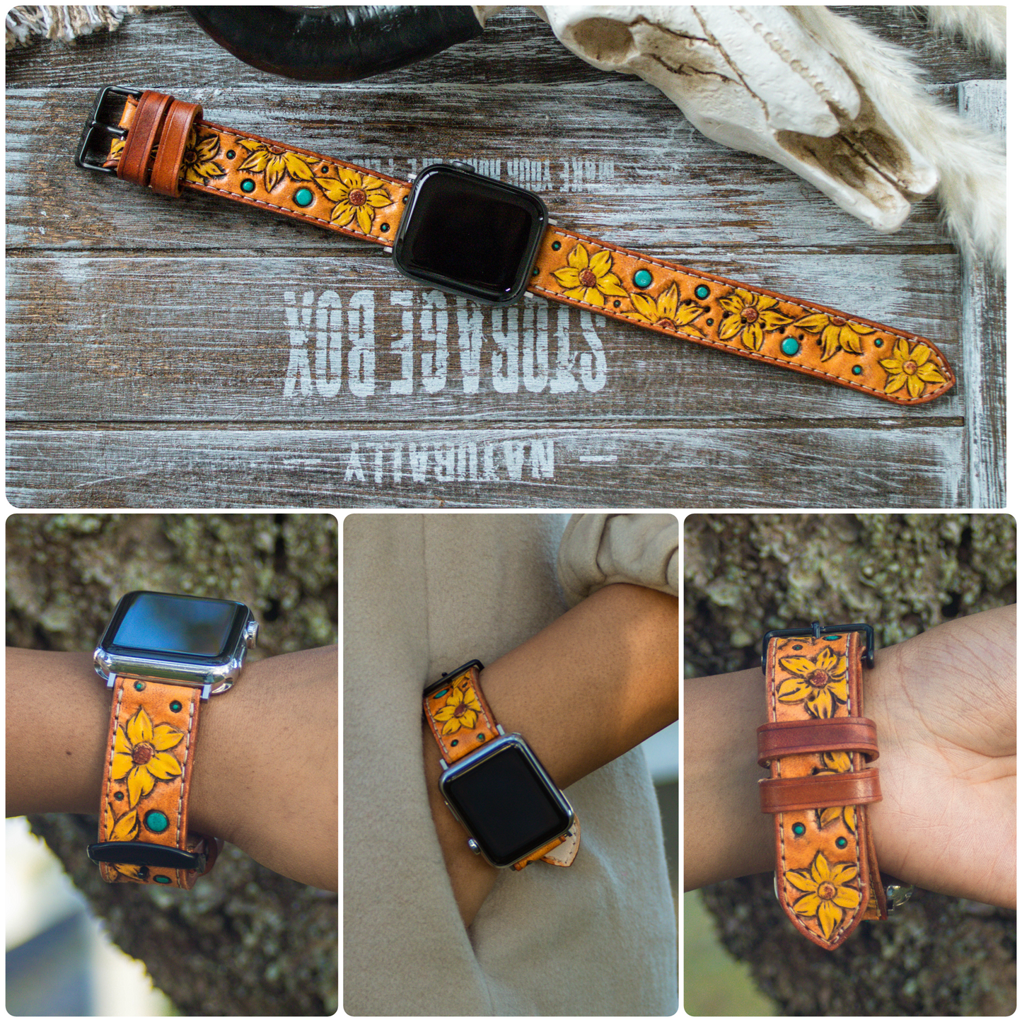 boho and turquoise sunflower i watch band . sunflower leather tooled apple watch band  on a wrist