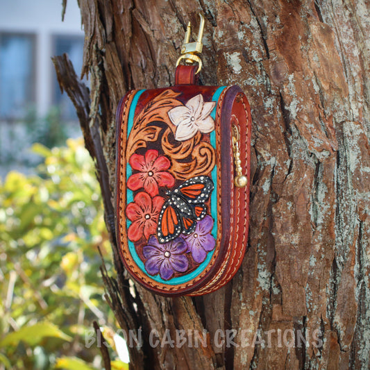 Handmade, tooled leather keyless remote pouch made from genuine cowhide