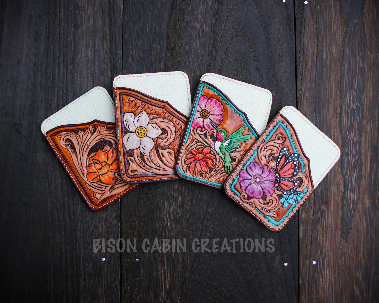 Hand tooled leather card holders with colorful floral, hummingbirds and butterfly carving . western inspired card holder