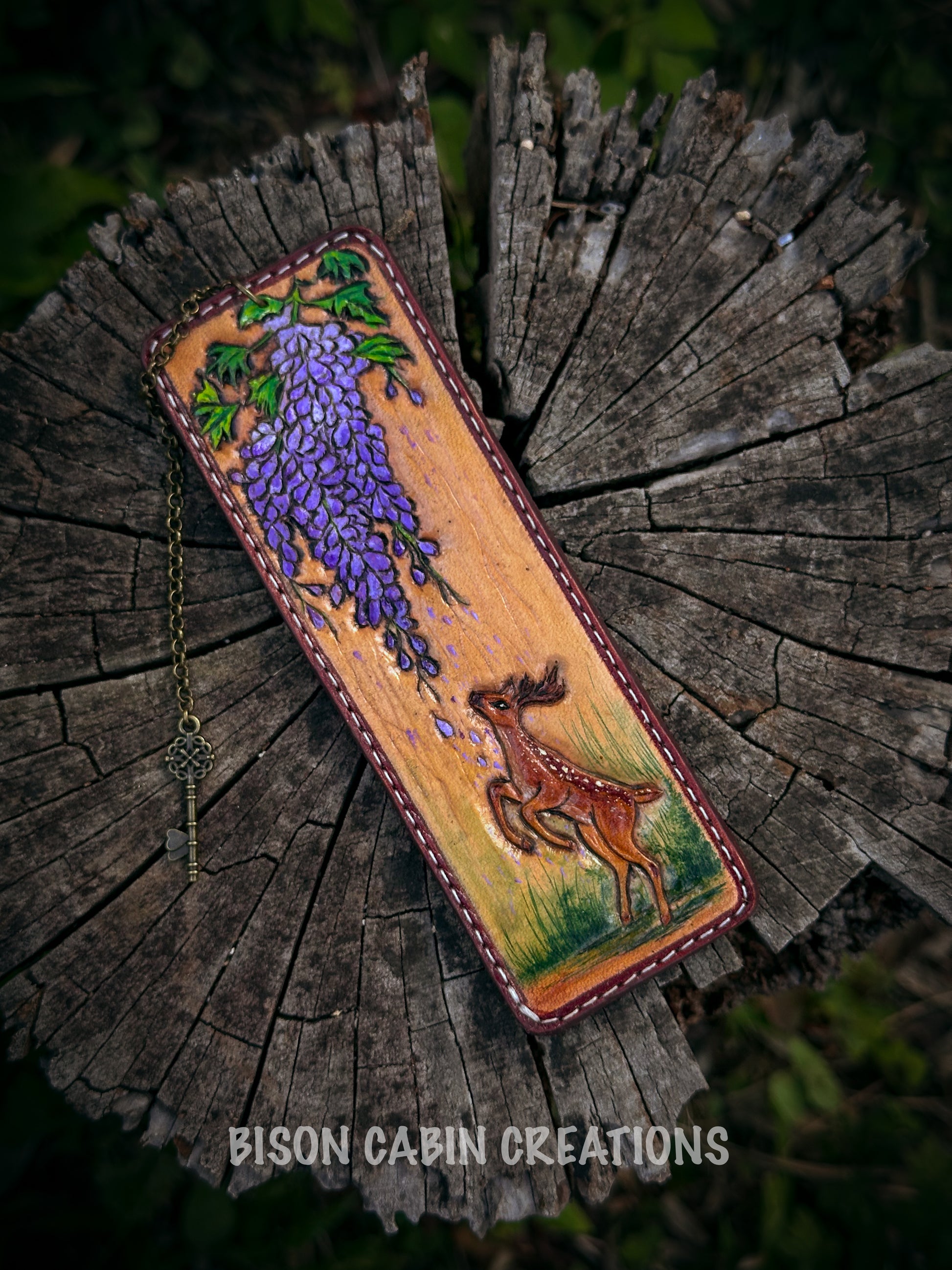 Handcrafted leather bookmark with a majestic deer motif, made from genuine leather and forest-themed, #handmade #leatherbookmark #leathercarved #naturedinspired #deertooled #deer