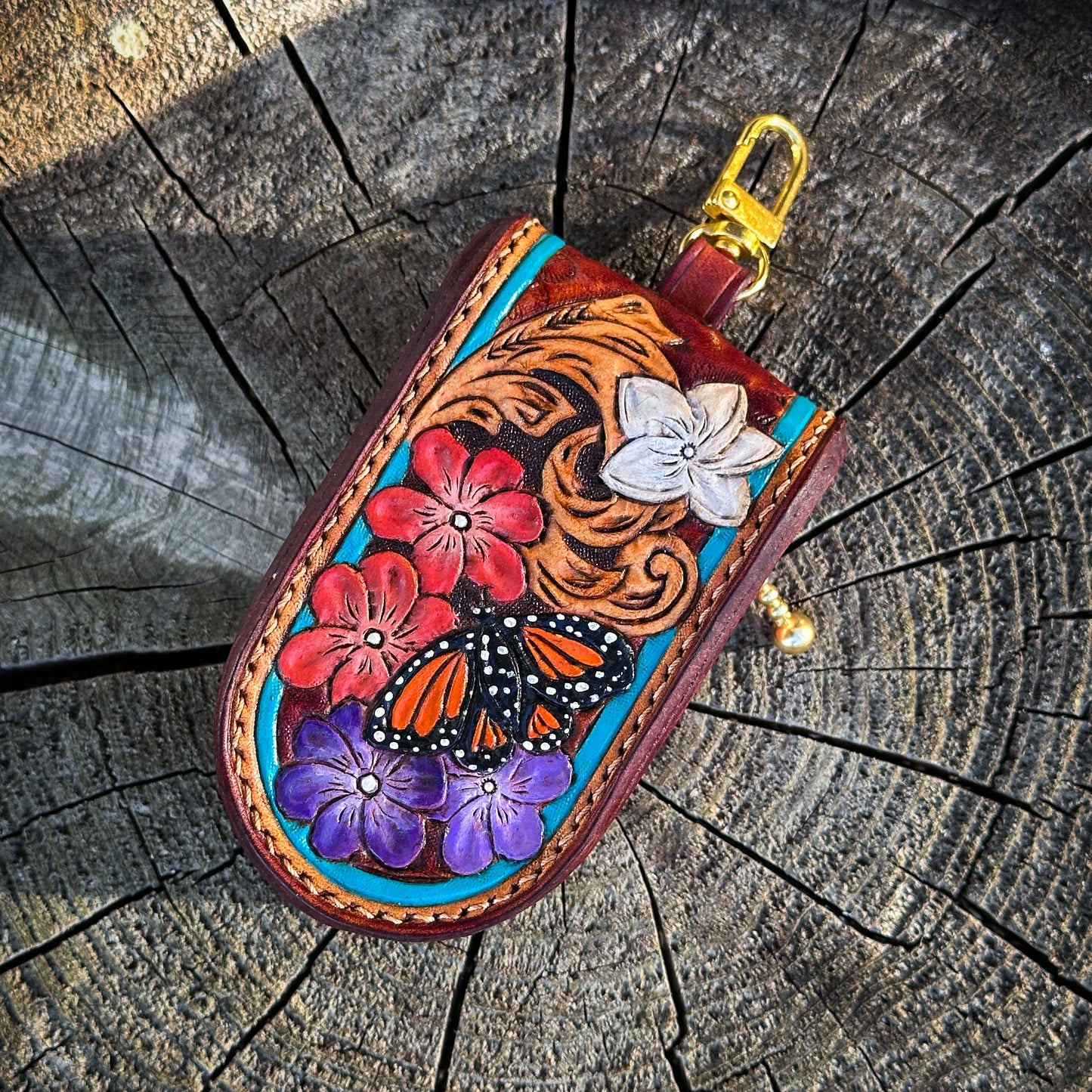 Genuine cowhide tooled leather keychain pouch gift for drivers