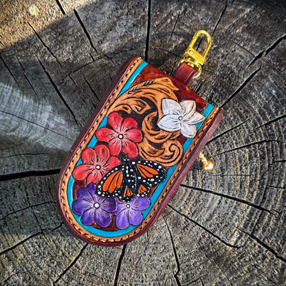 Genuine cowhide tooled leather keychain pouch gift for drivers