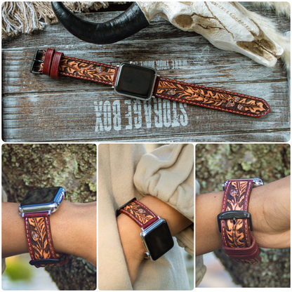 Oak leaf tooled leather Apple Watch band with nature-inspired carving, rustic brown tone