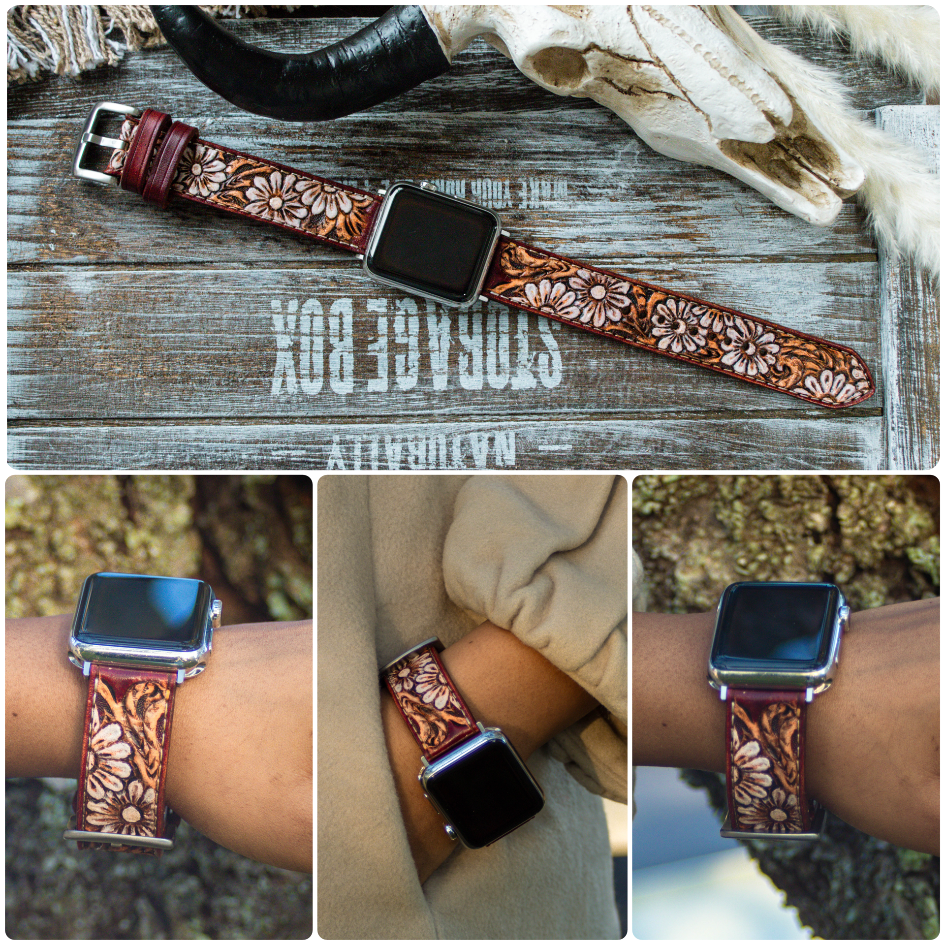 Handcrafted western floral tooled leather Apple Watch strap in mahogany brown