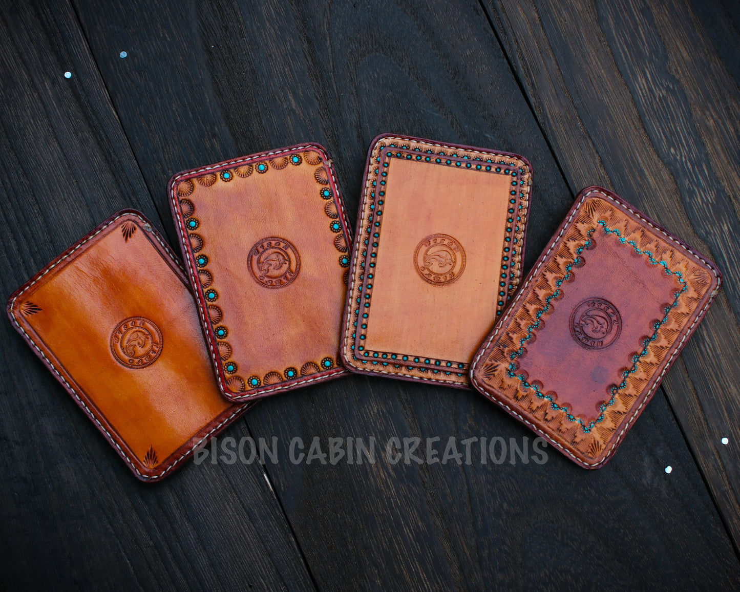 hand tooled stamped leather card holders