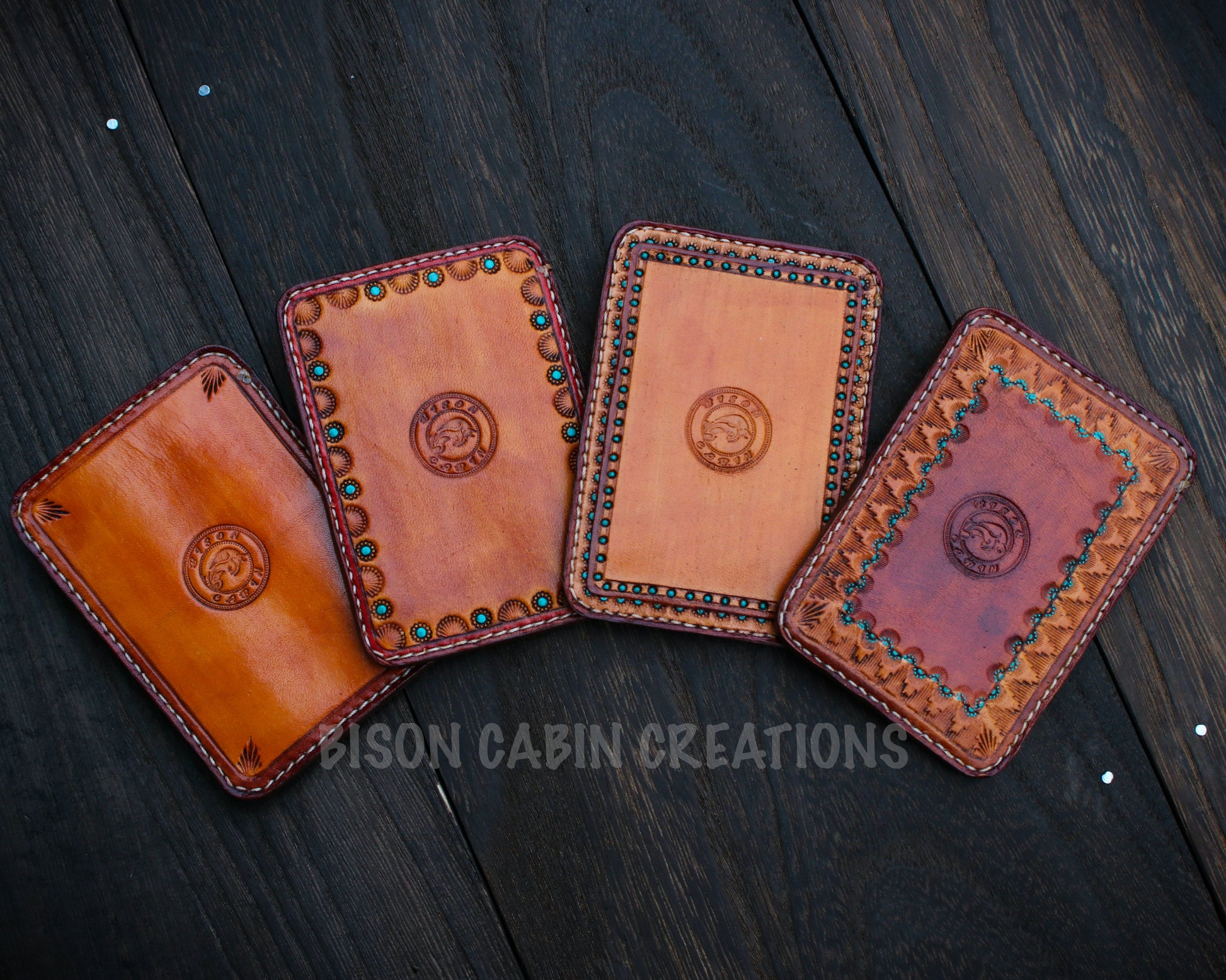 hand tooled stamped leather card holders