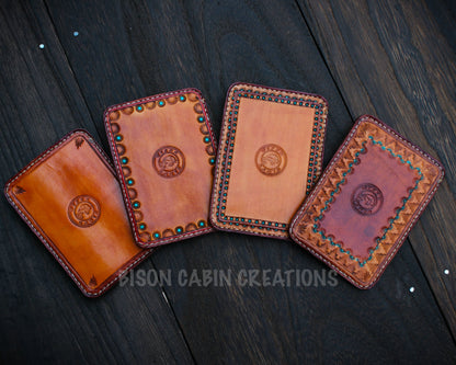 hand tooled stamped leather card holders