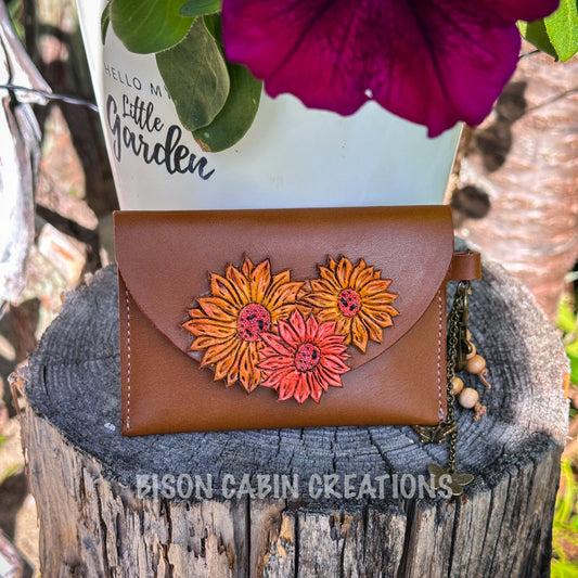 Hand tooled sunflower card wallet