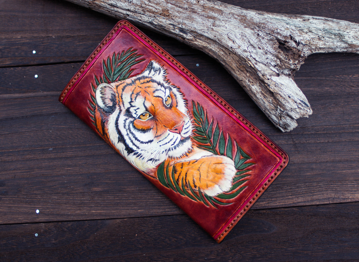 Hand tooled tiger crafted vintage men's long wallet