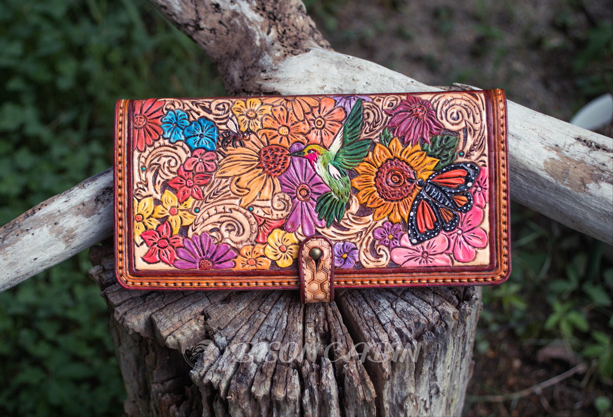Hand tooled wild flower and hummingbird western women's long wallet