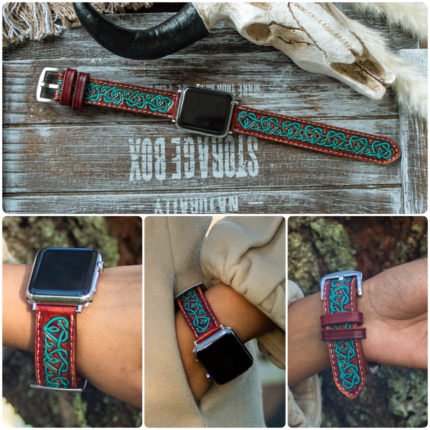 Turquoise Celtic tooled leather Apple Watch band with intricate knot design, handmade strap
