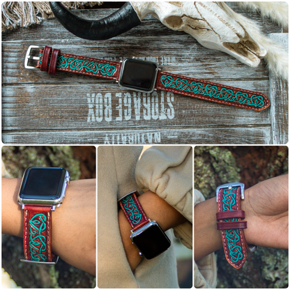 Turquoise Celtic tooled leather Apple Watch band with intricate knot design, handmade strap