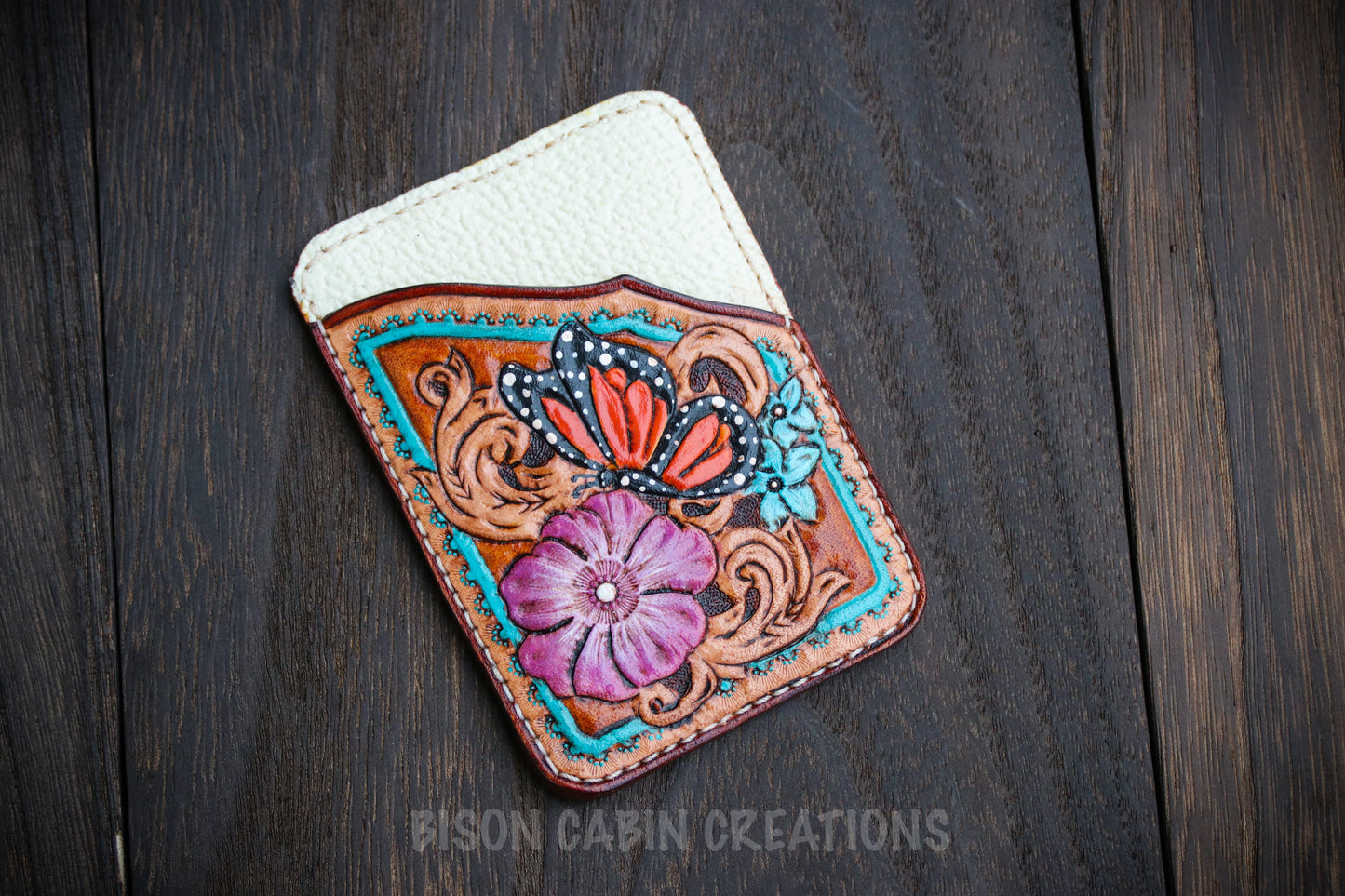 handmade, tooled leather butterfly and floral card holder wallet
