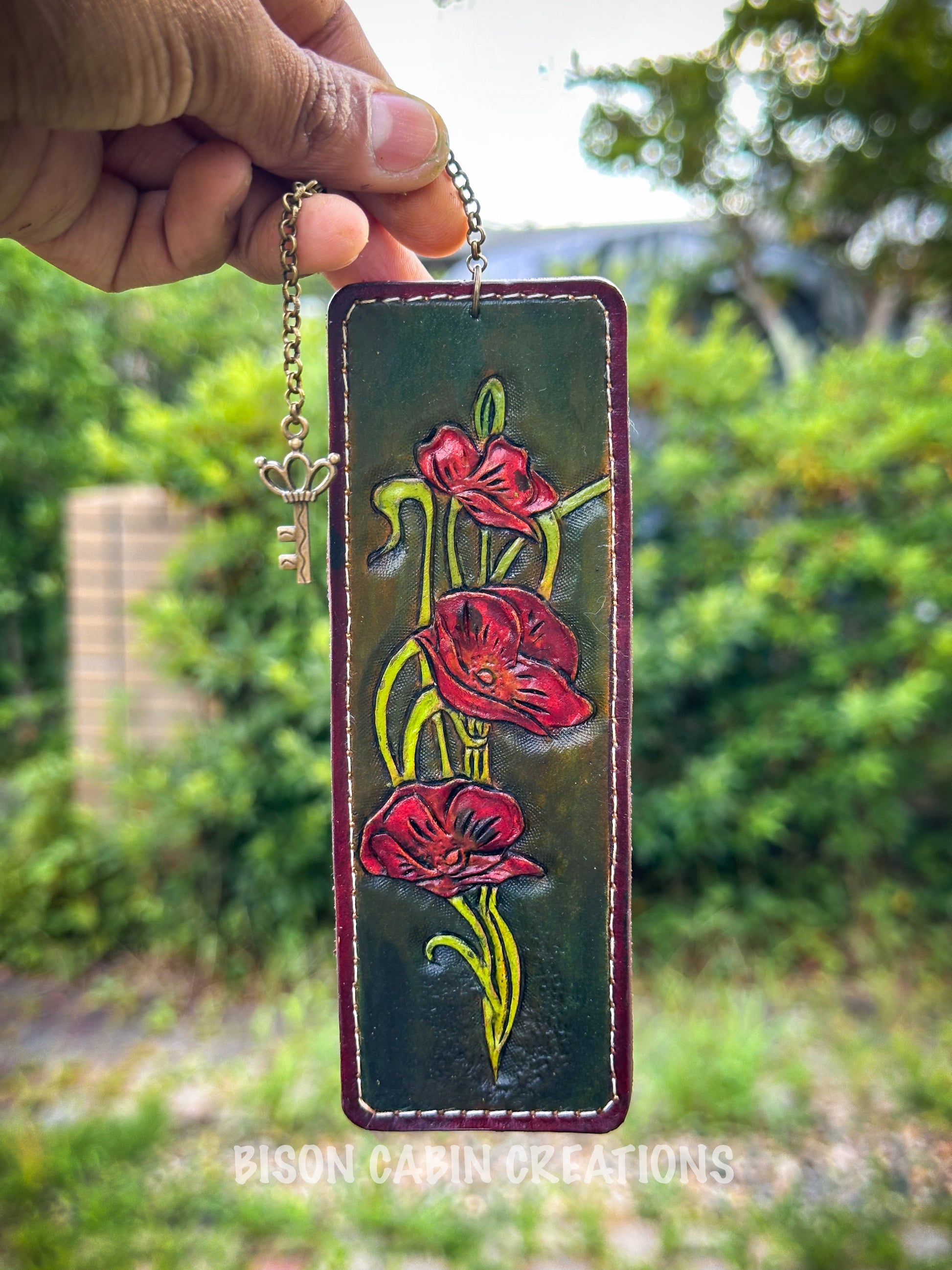 Handmade leather keychain with floral design, Leather tooled bookmark