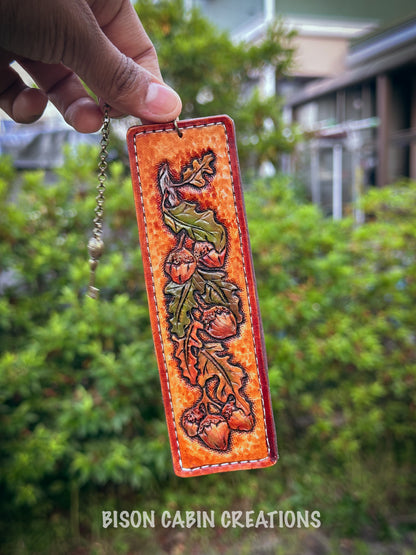 Decorative keychain with leaf and acorn, designed leather bookmark