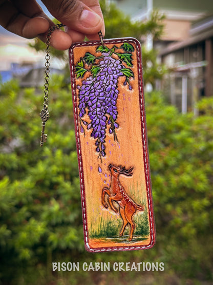 Handmade leather keychain with wisteria and deer design, leather carved bookmark