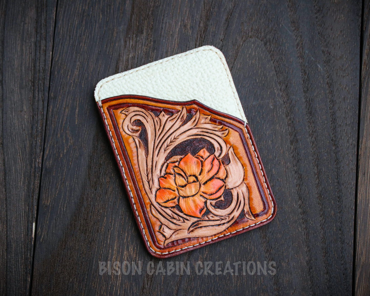 Hand carved leather tooled western inspired floral card holder