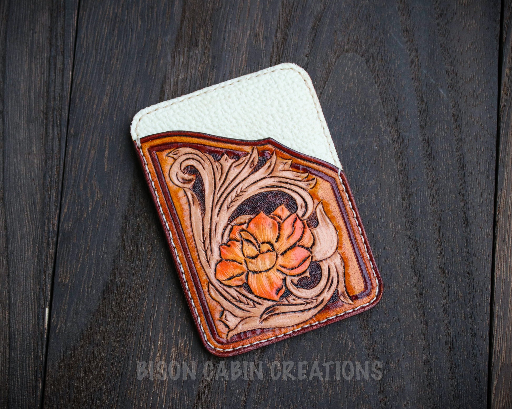 Hand carved leather tooled western inspired floral card holder