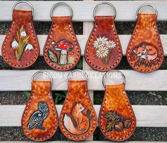 handmade leather tooled key fobs, 