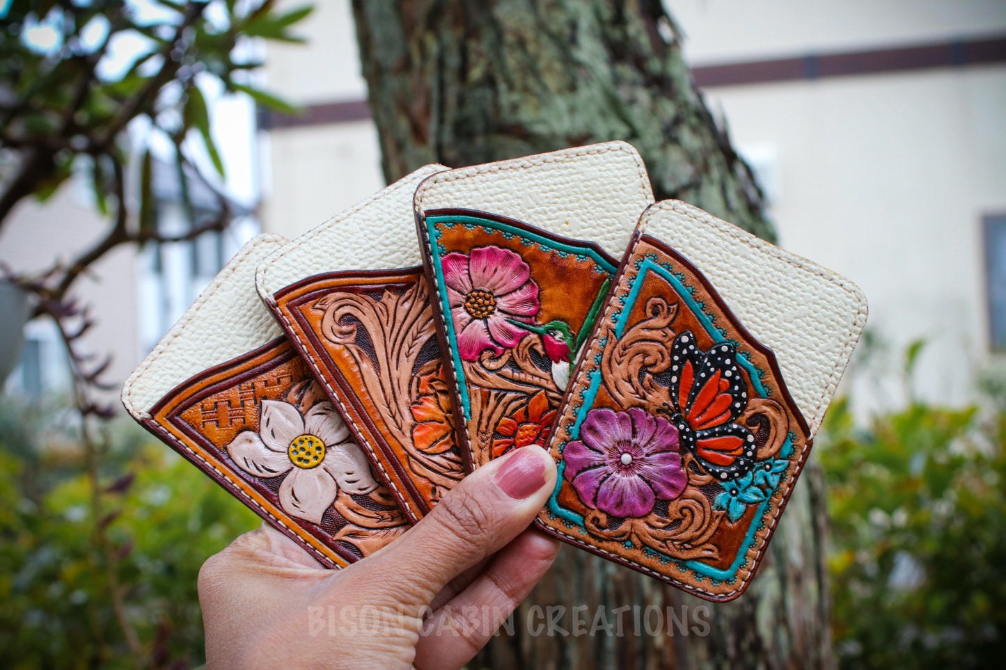 wild west  inspired tooled leather minimalist card holders