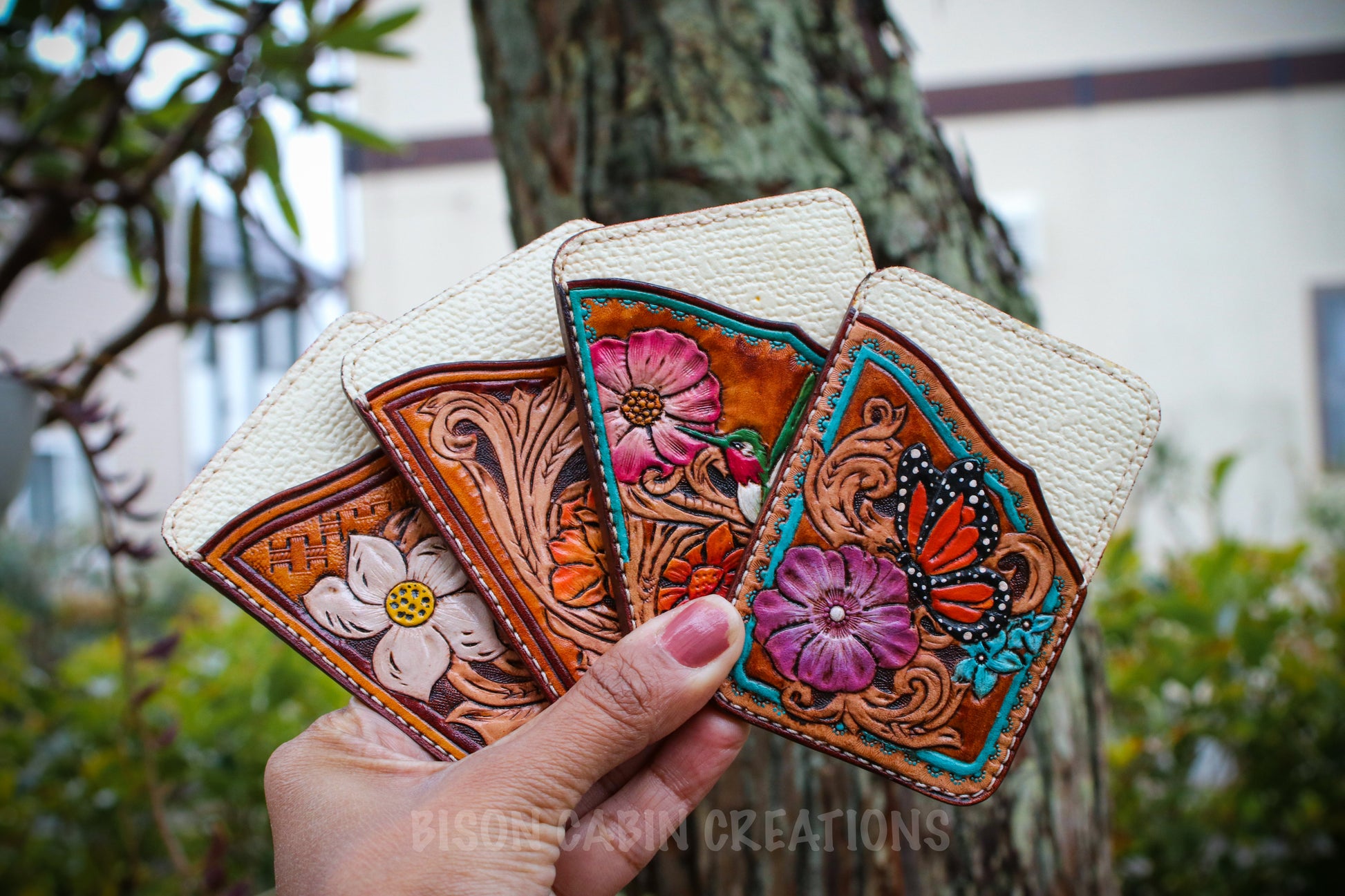 wild west  inspired tooled leather minimalist card holders