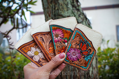 wild west  inspired tooled leather minimalist card holders