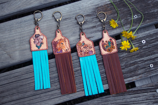 tooled Leather cow tag key chain , leather carved key chain, cow tag key chain, horse tooled , leather tooled key chain , cow girl leather tooled key chain 