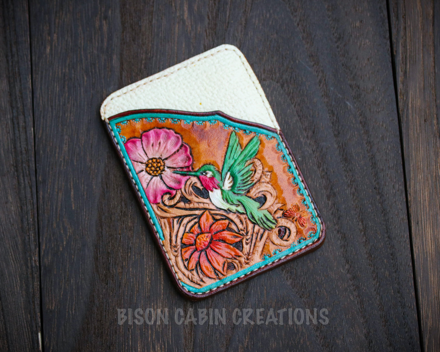 handmade tooled leather hummingbird card holder