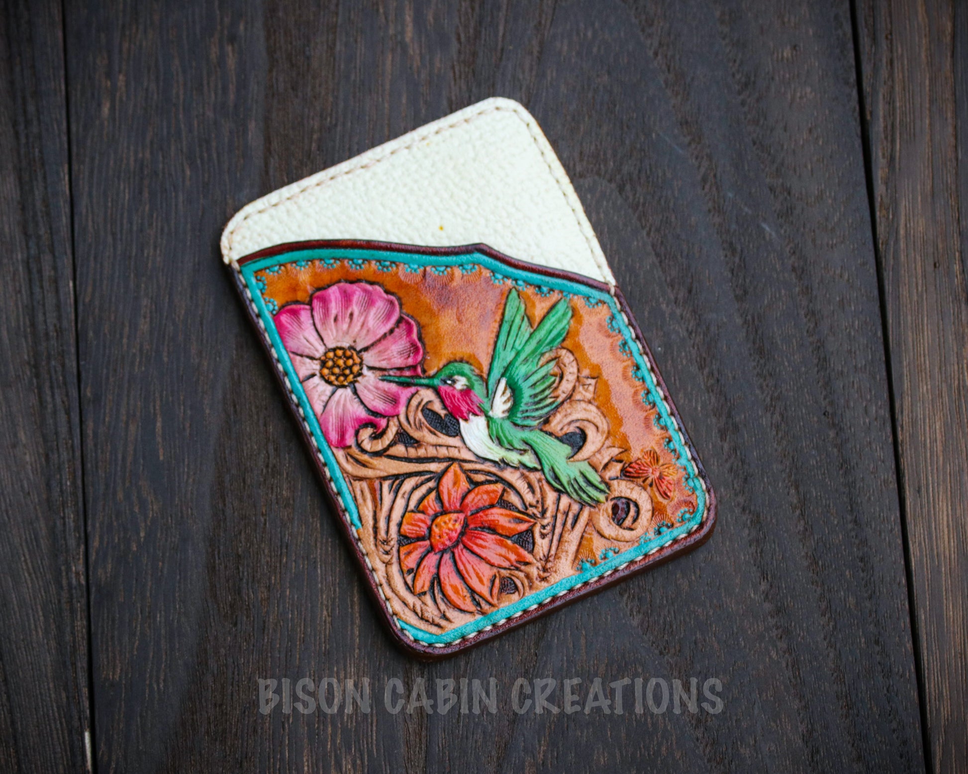 handmade tooled leather hummingbird card holder
