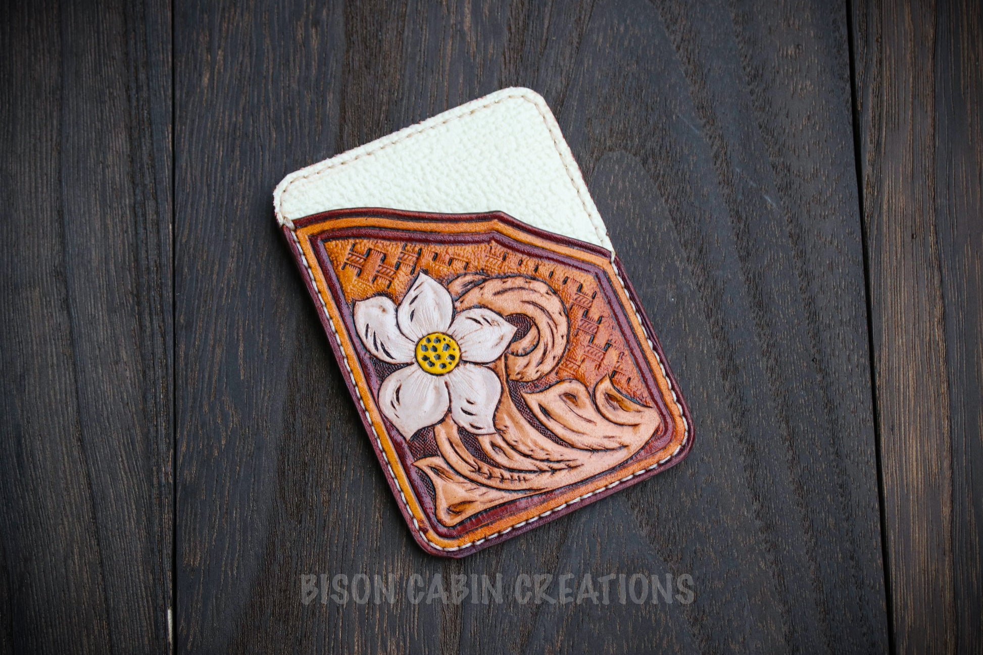 hand tooled western floral carved card case holder
