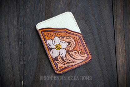 hand tooled western floral carved card case holder