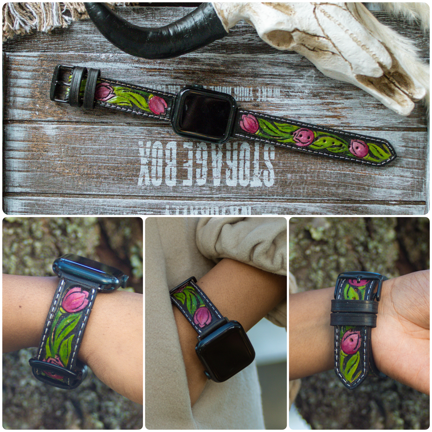 Tooled leather Apple Watch band with tulip floral design, handmade western-style strap