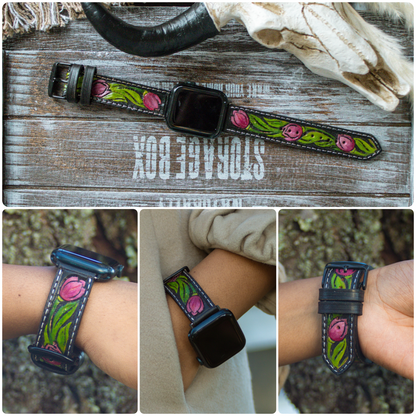 Tooled leather Apple Watch band with tulip floral design, handmade western-style strap