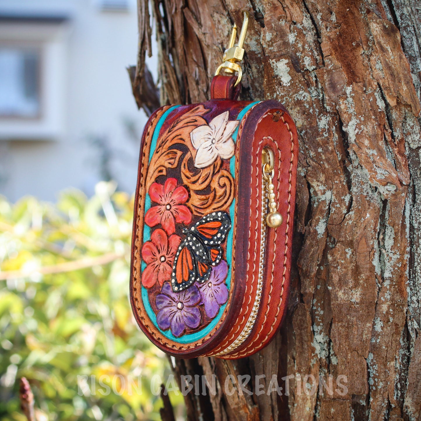 Western Tooled Leather Keychain Pouch inspired by the wild west 