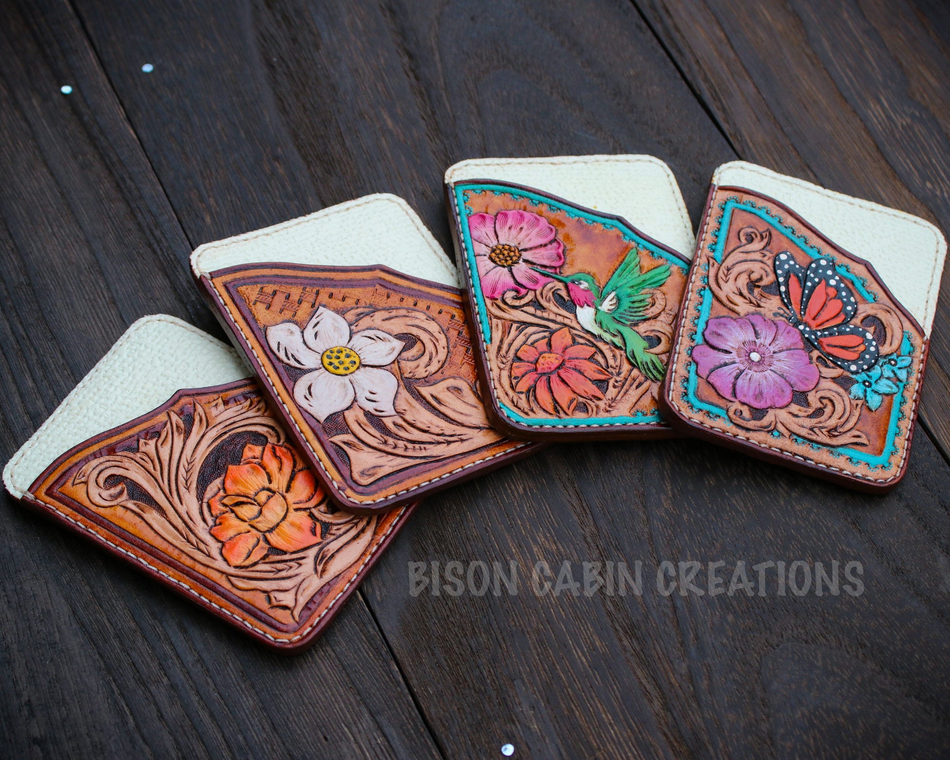 Nature-inspired hummingbird, butterfly, and floral tooled western tooled leather card holders