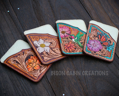 Nature-inspired hummingbird, butterfly, and floral tooled western tooled leather card holders