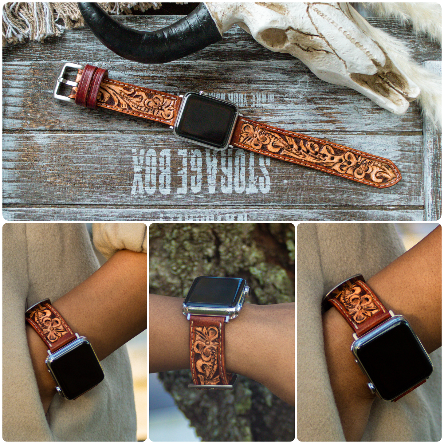 Western floral tooled leather Apple Watch band, handcrafted western style strap 