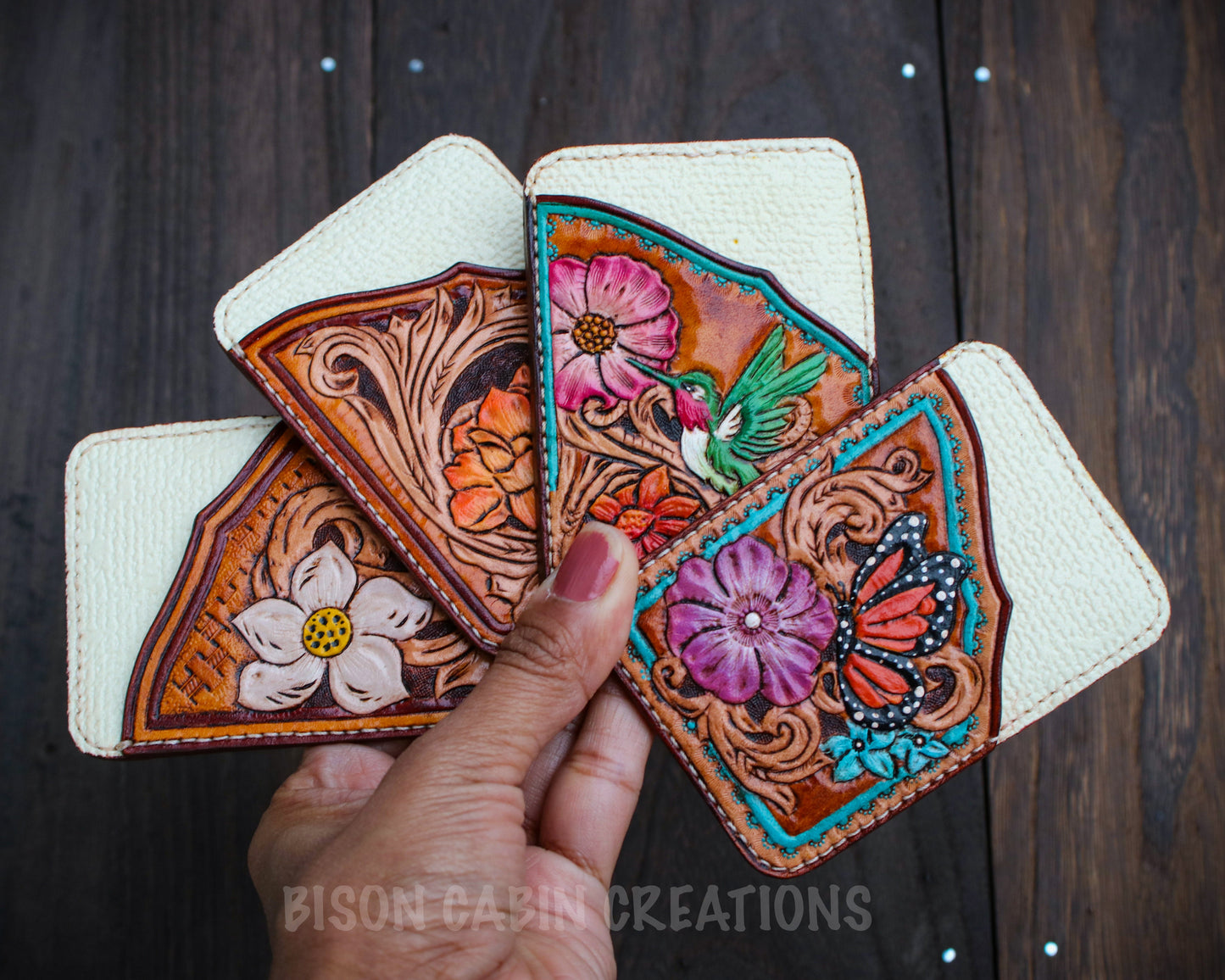 Hand tooled leather carved card holders inspired wild west ,hummingbirds and butterfly carving .